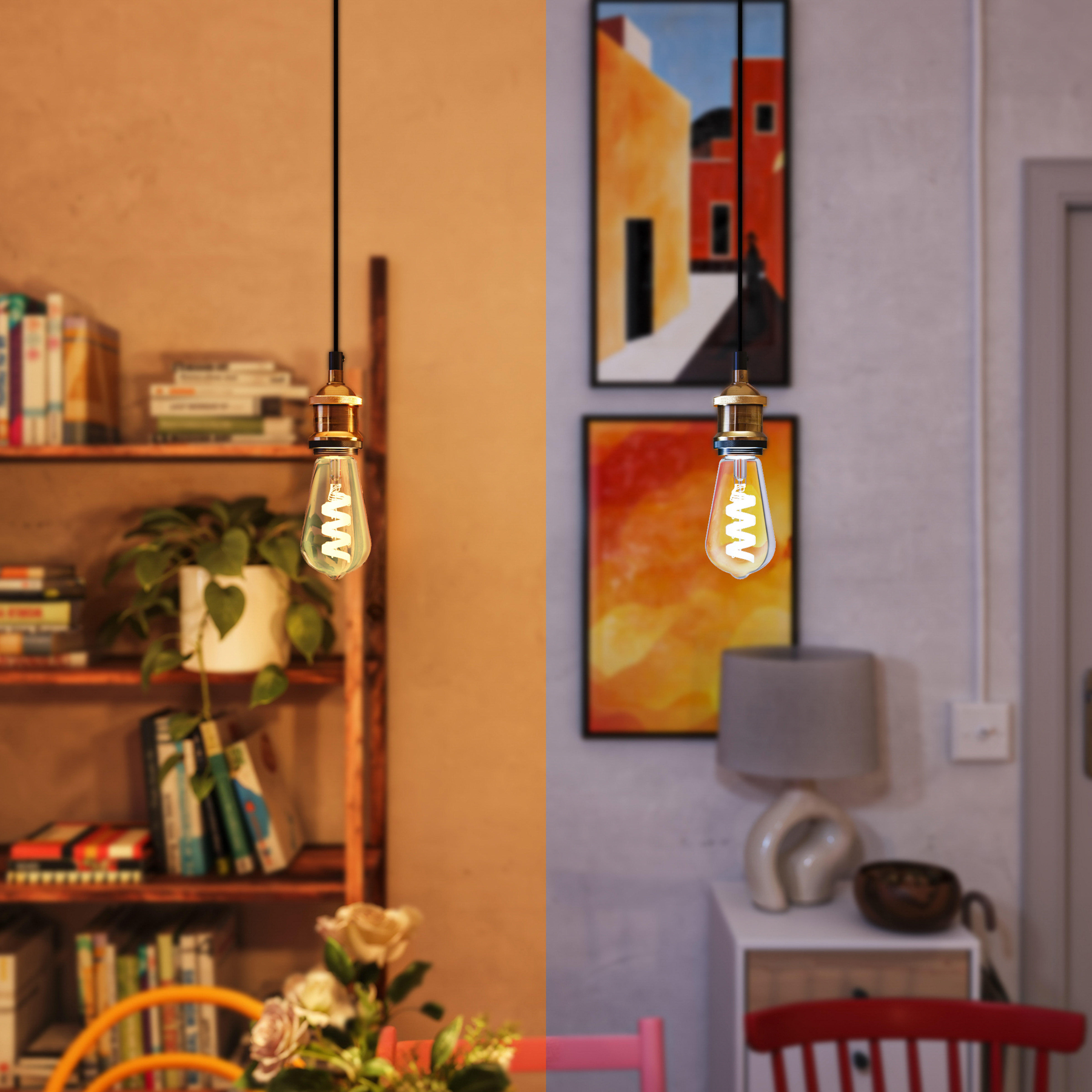 Confronto di due illuminazioni per stanza: luce calda a sinistra, luce brillante a destra.