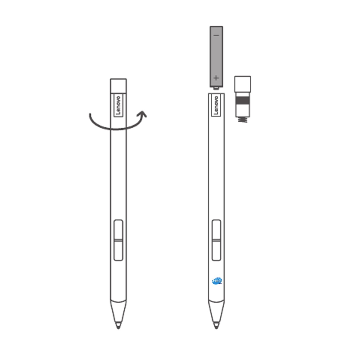 Diagramma che mostra come svitare il tappo di una penna Lenovo e inserire una batteria.