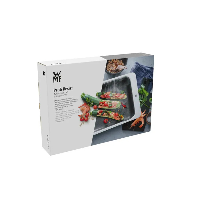 Verpackung der WMF Profi Resist Auflaufform mit zubereitetem Gemüse und Garnelen auf der Vorderseite.