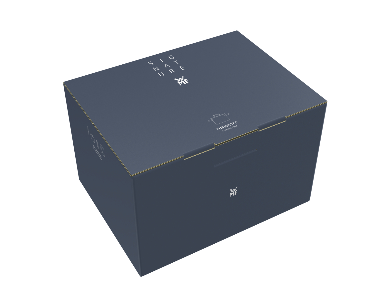 Eine dunkelblaue WMF Fusiontec Box mit weißem Branding auf der Ober- und Vorderseite, isoliert vor weißem Hintergrund.