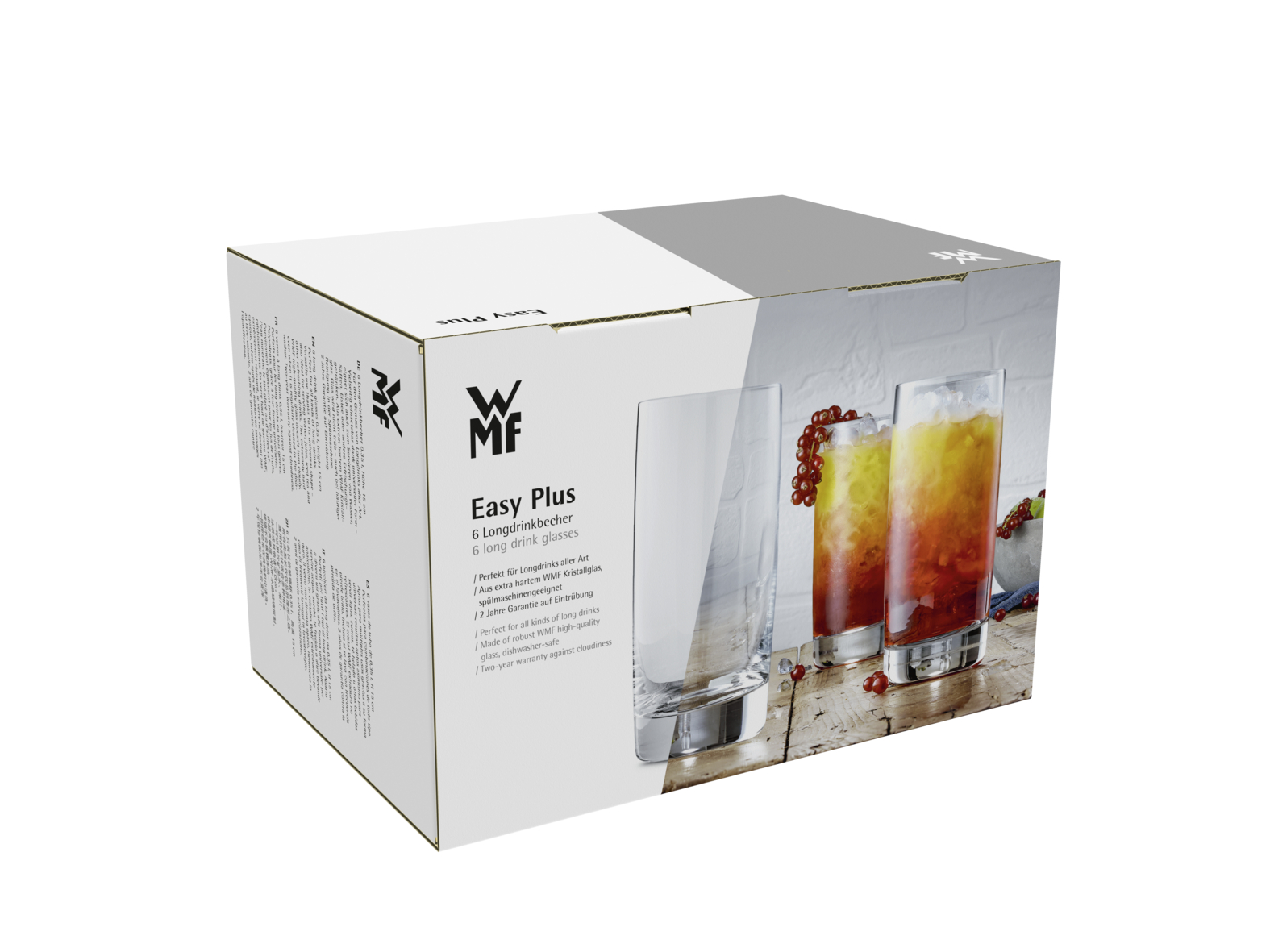 WMF-Produktverpackung für sechs Longdrinkgläser mit Abbildung von Gläsern und roten Johannisbeeren auf Holz.