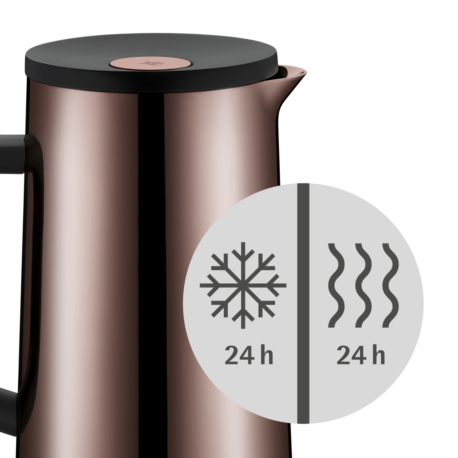 Kupferfarbene Isolierkanne mit einem runden Symbol für 24h Kühlen und 24h Warmhalten auf weißem Hintergrund.