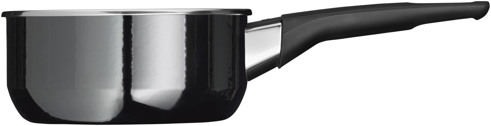Schwarzer Kochtopf mit glänzender Metallkante und langem schwarzen Griff auf weißem Hintergrund.