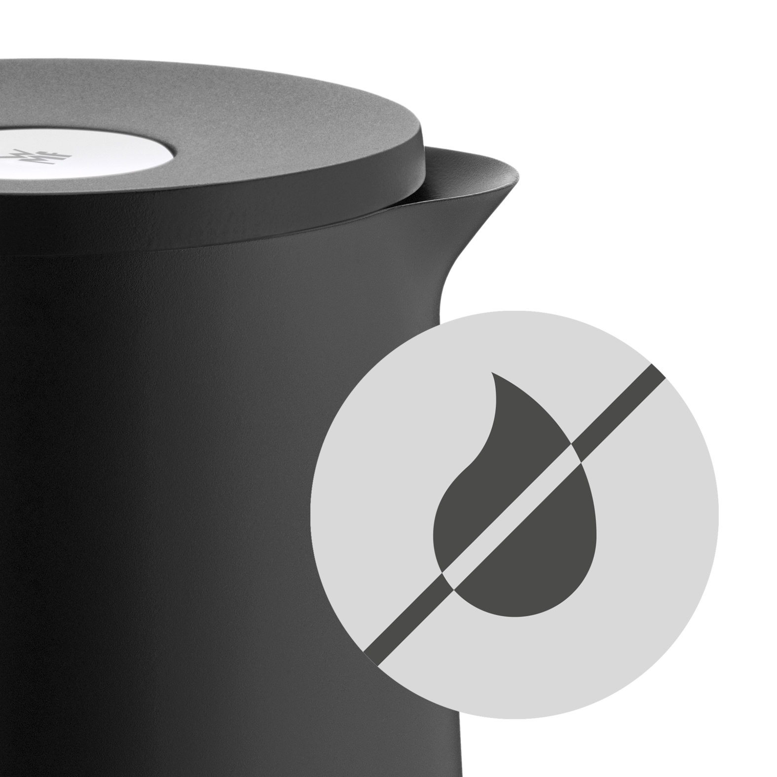 Un contenant noir avec une icône circulaire montrant une goutte d'eau barrée.