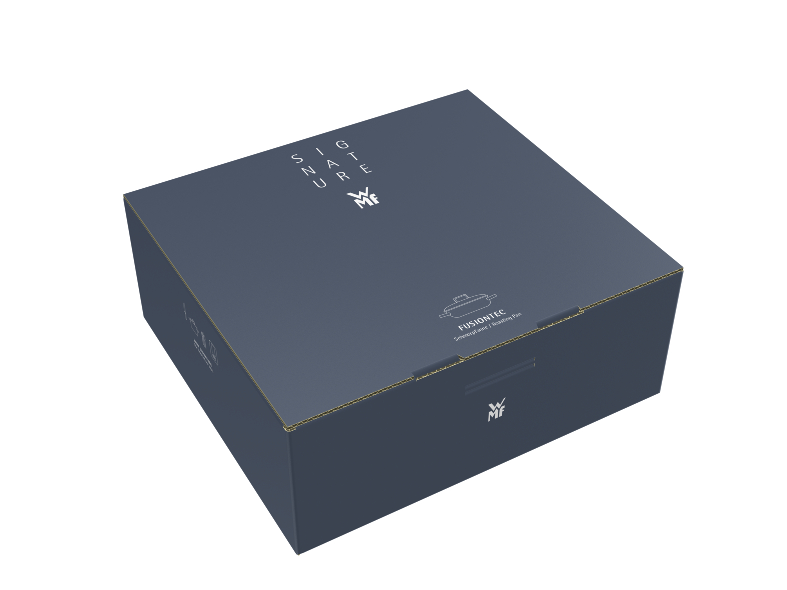 Eine dunkelblaue WMF Schmorpfannen-Verpackung mit weißer Aufschrift auf weißem Hintergrund.