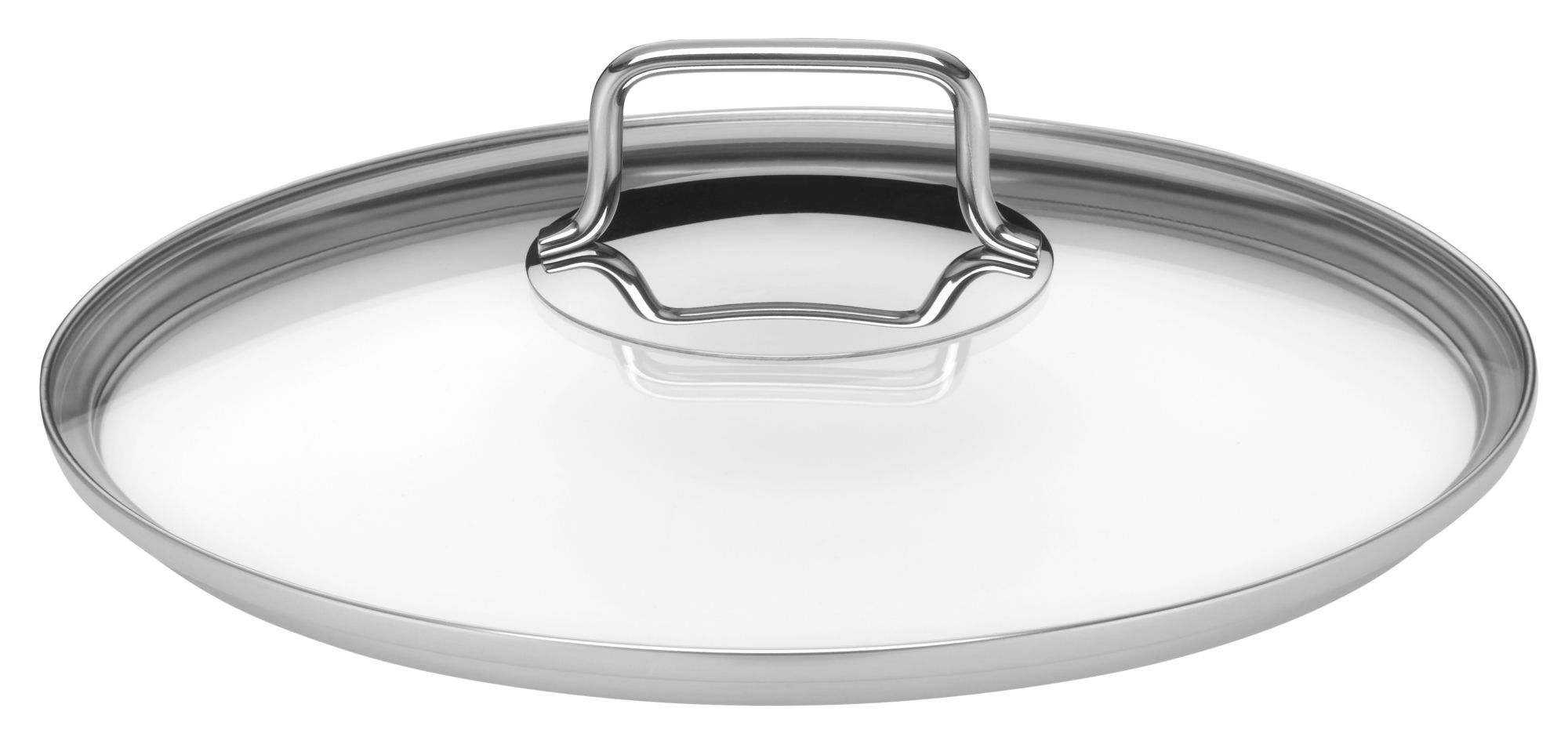 Glaskochtopfdeckel mit einem silbernen Metallgriff und Rand vor weissem Hintergrund.