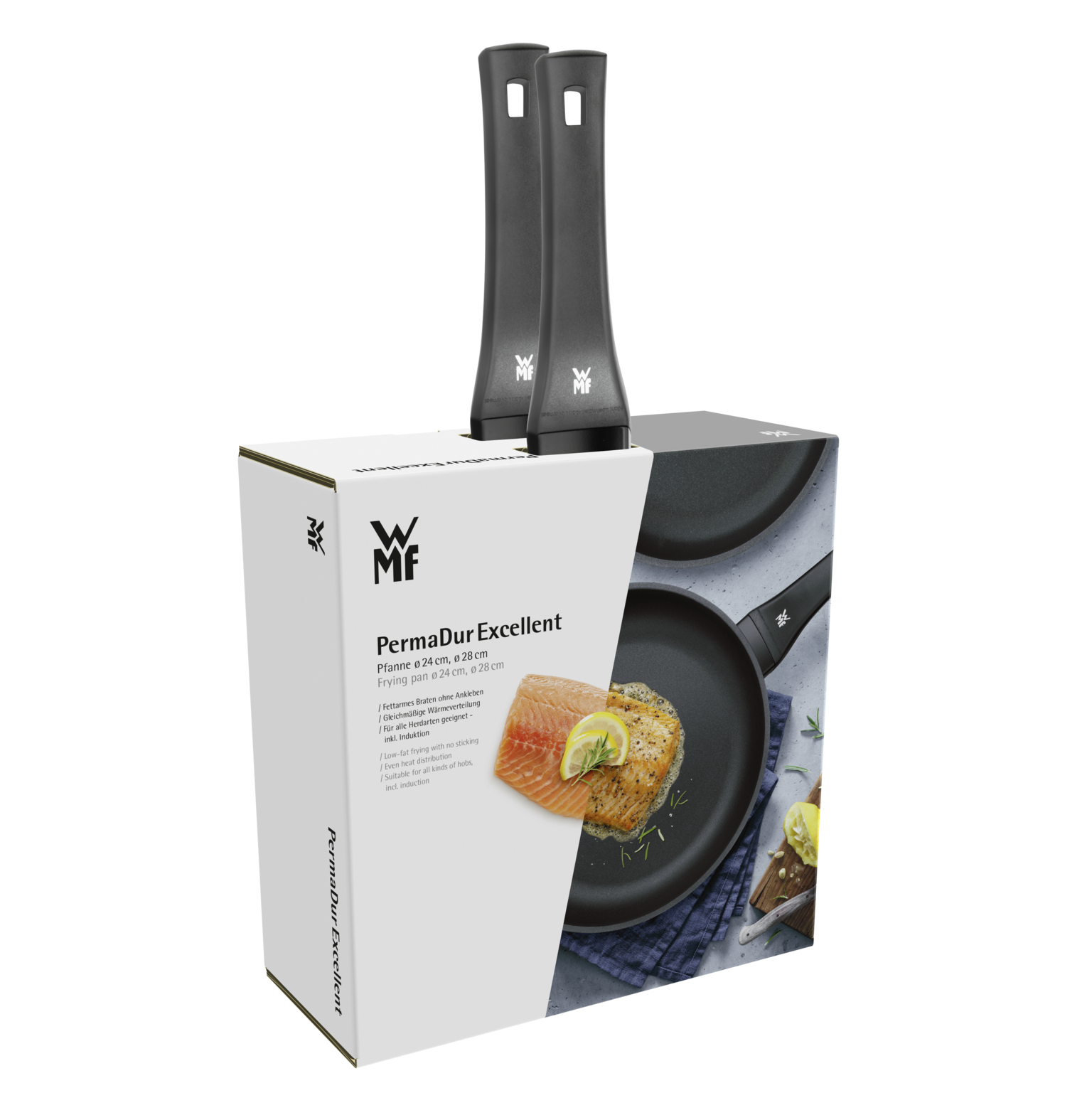 Emballage de poêles WMF PermaDur Excellent montrant du saumon dans une poêle.