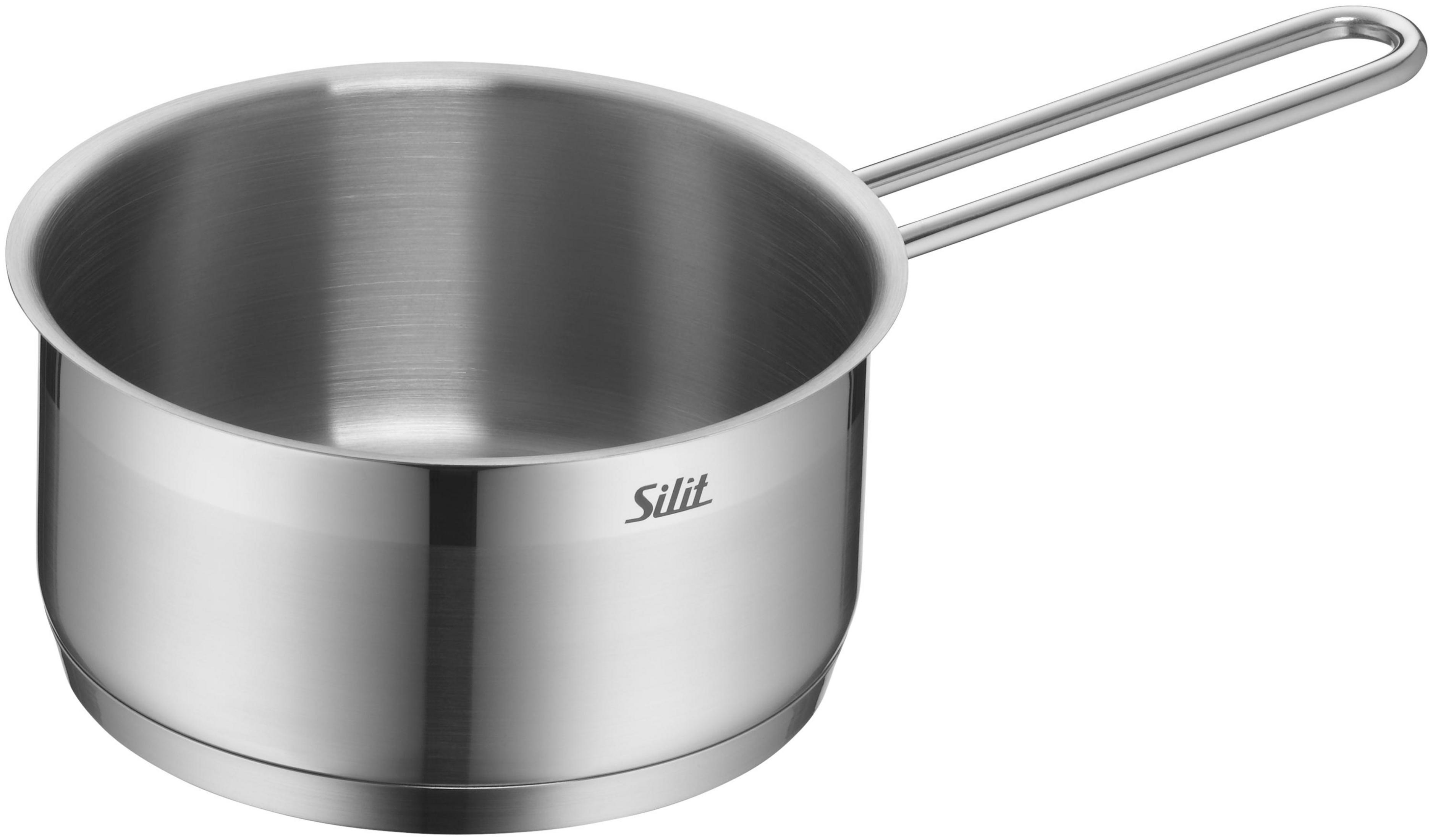 Ein Silit-Edelstahltopf mit langem, hohlem Griff vor weißem Hintergrund.