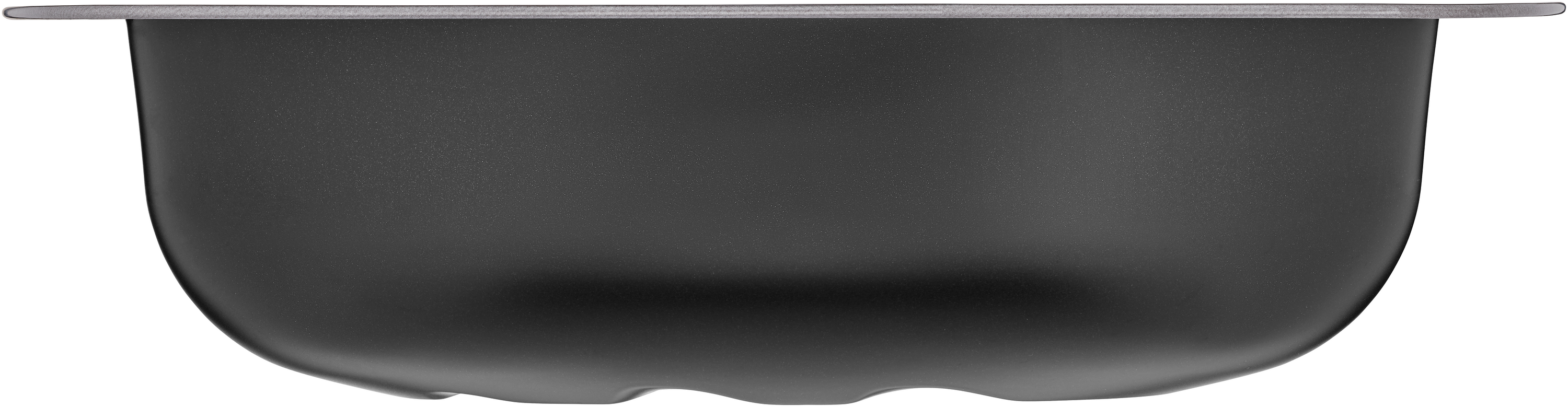 Eine schwarze, metallene Kastenform mit abgerundeten Ecken und leicht gewelltem Boden vor weißem Hintergrund.