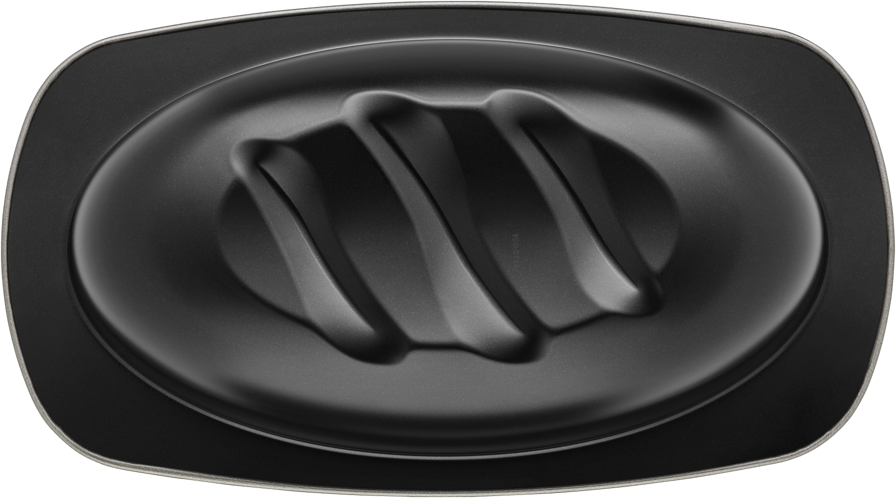 Eine schwarze, ovale Grillplatte mit Rillen auf einem silbernen Rand.
