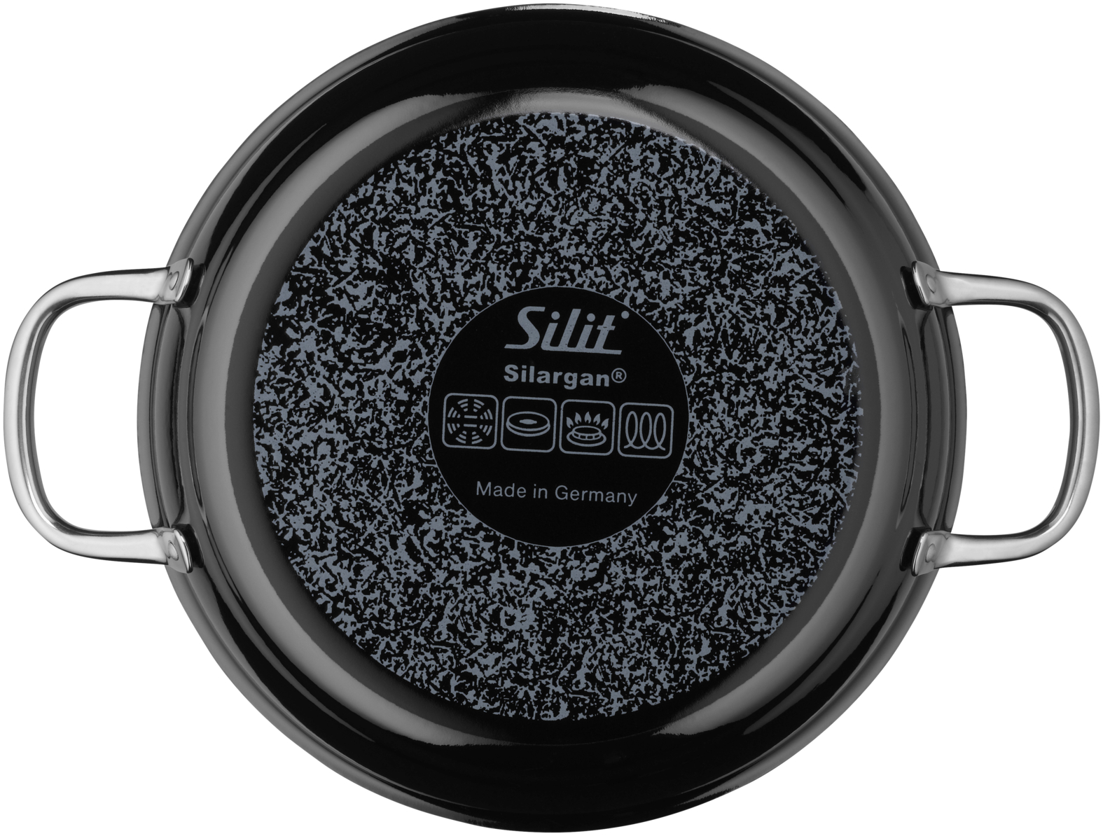Unterseite einer schwarzen Silit Silargan Pfanne mit Metallgriffen und Herstellerlogo.