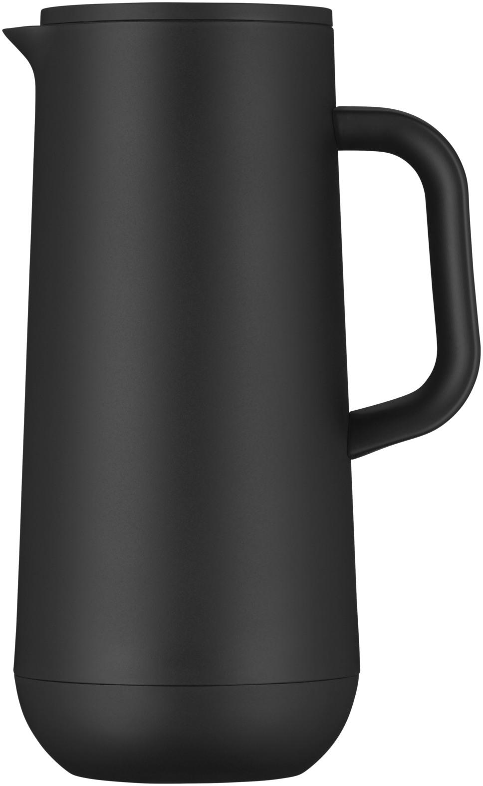 Eine matte schwarze Kaffeekanne mit Henkel und Ausguss vor weißem Hintergrund.