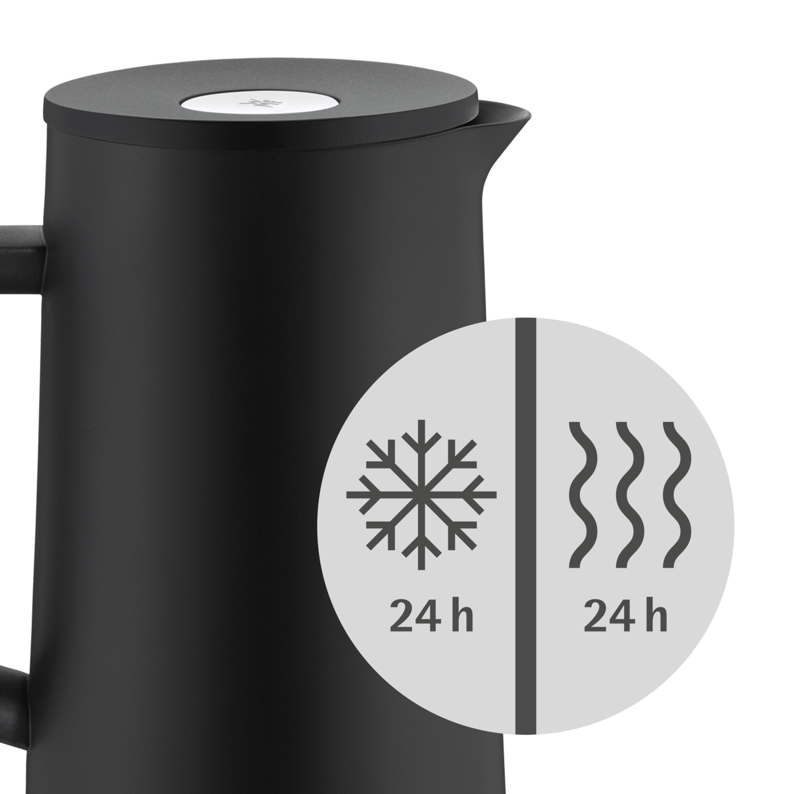 Eine schwarze Thermoskanne mit einem Symbol für 24h Kalt- und 24h Heißhaltung.