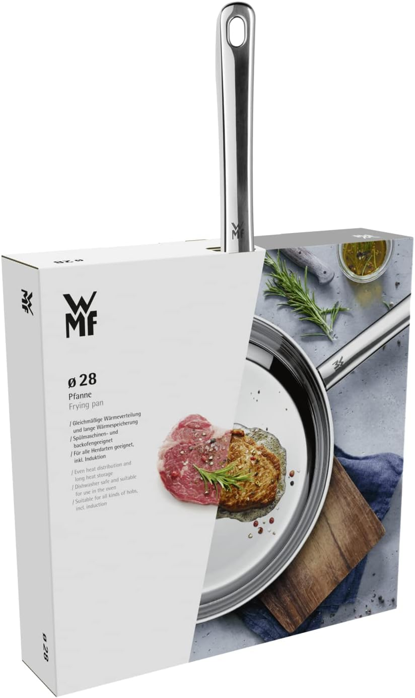 Eine Edelstahl-Bratpfanne mit 28 cm in ihrer Verpackung, auf der ein Steak in der Pfanne abgebildet ist.