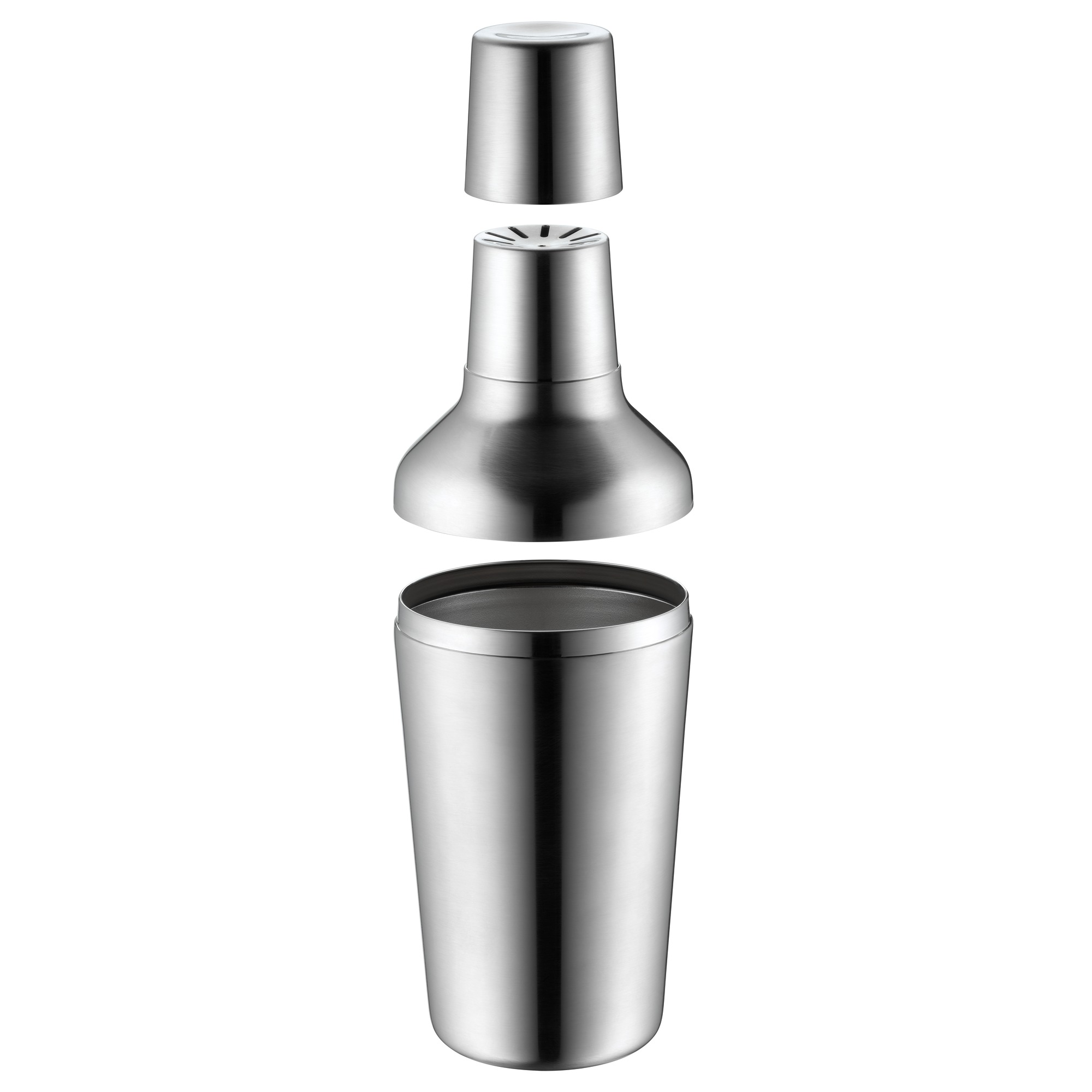 Ein silberner Cocktailshaker mit drei auseinandergenommenen Teilen auf weißem Hintergrund.