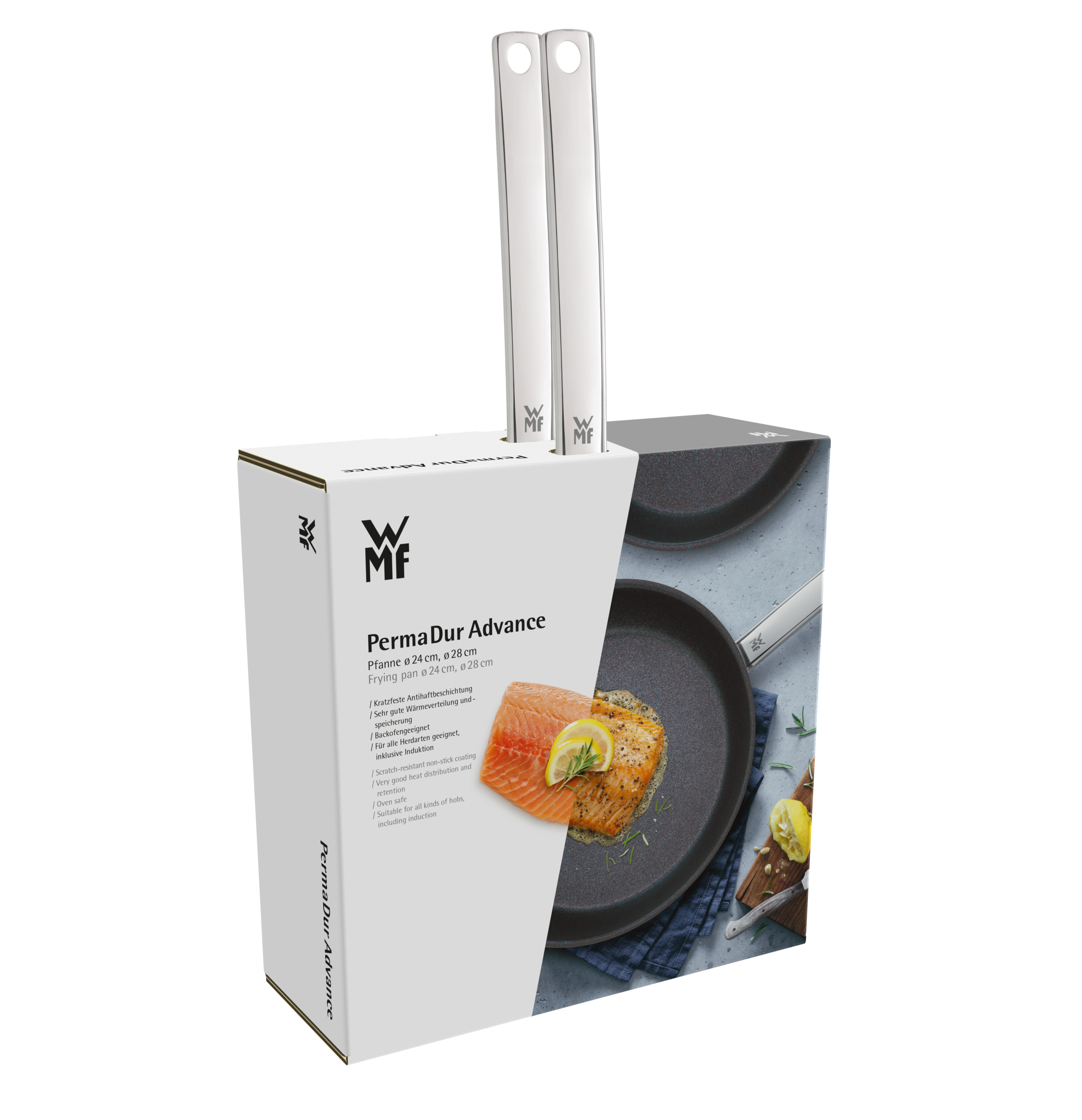 Boîte de set de poêles WMF PermaDur Advance avec image de saumon et citron et deux poignées en acier.