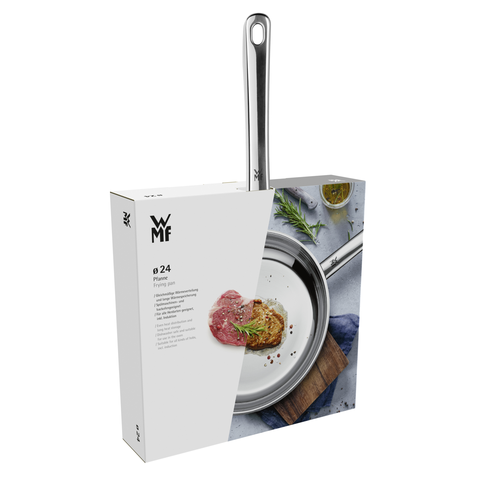 Eine WMF 24cm Bratpfanne in ihrer Produktverpackung, mit Fleisch und Kräutern auf der Verpackung abgebildet.