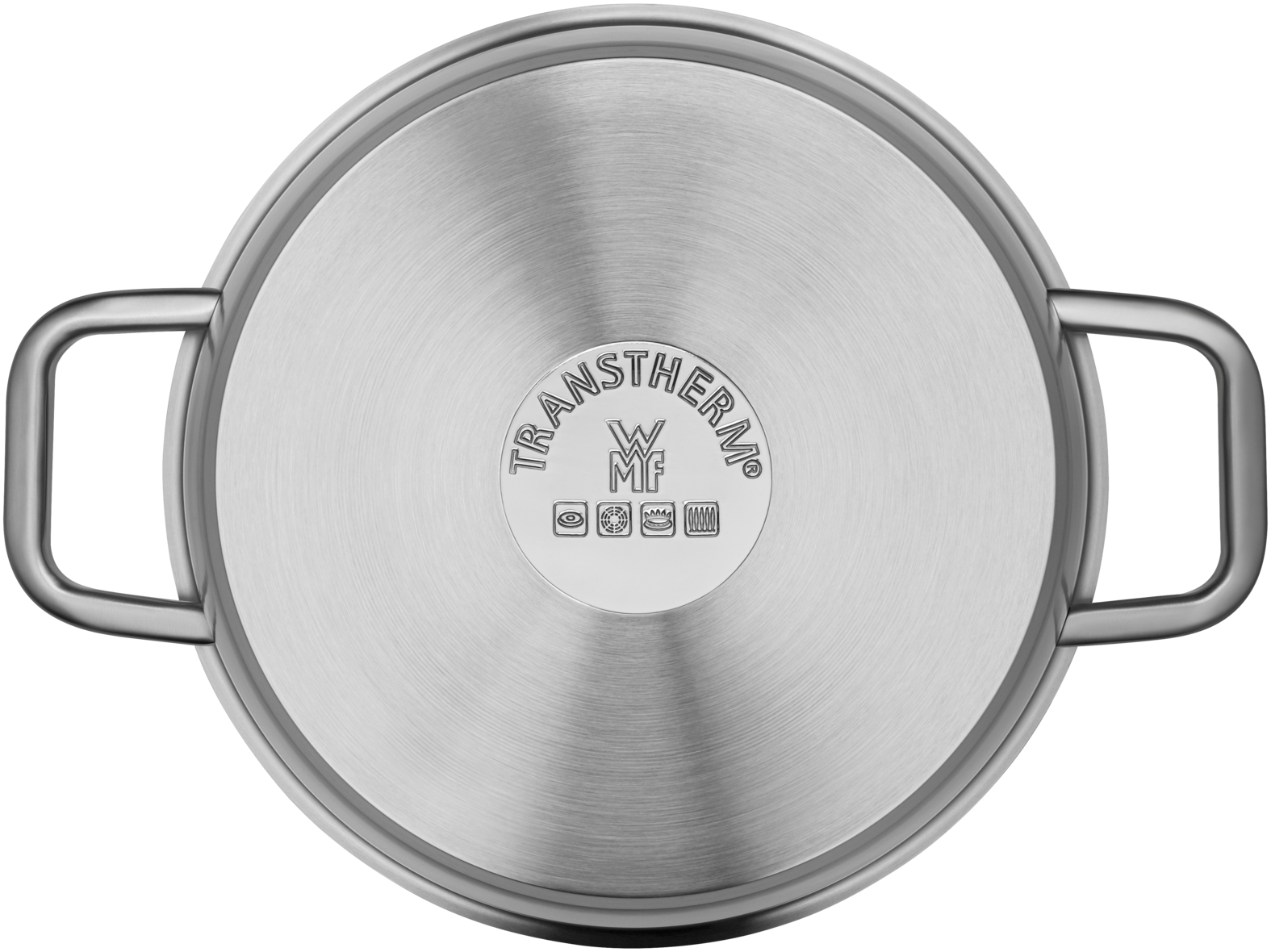 Unterseite eines silbernen Edelstahltopfs mit zwei Griffen und eingeprägtem WMF-Transtherm-Logo.