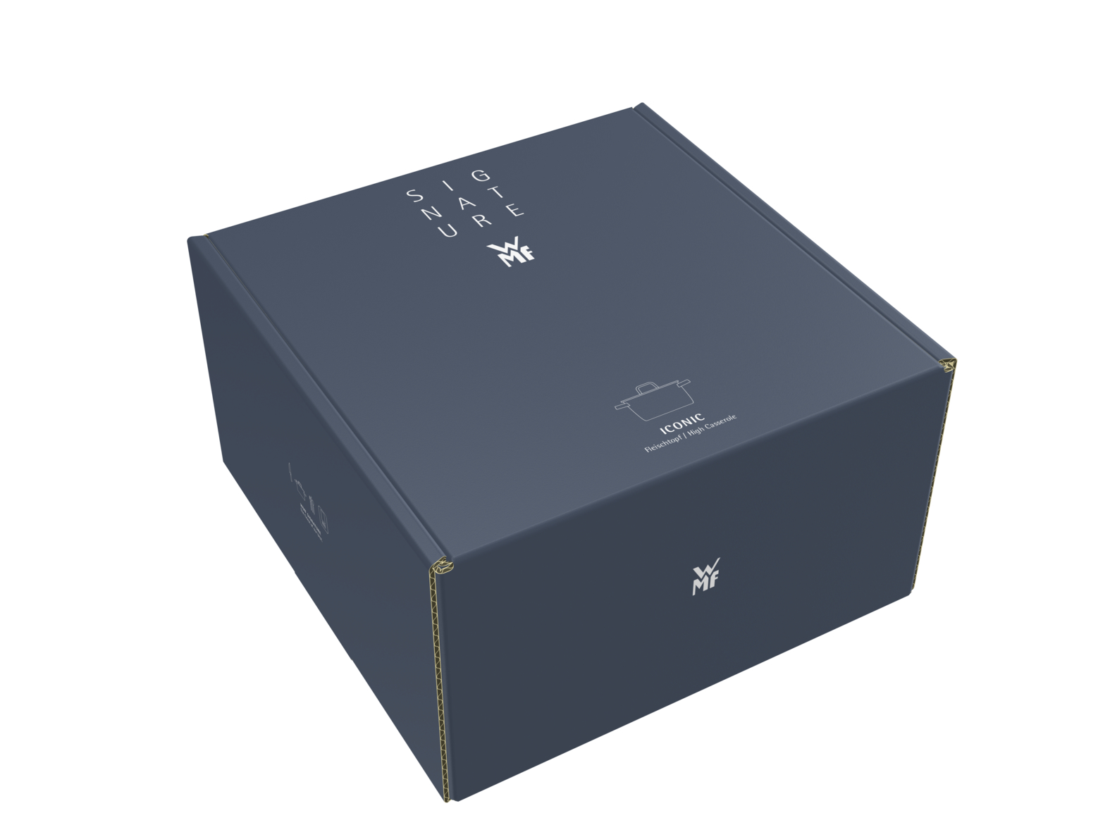 Dunkelblaue Produktbox mit weißer WMF Signatur und Icon-Aufdruck auf weißem Hintergrund.
