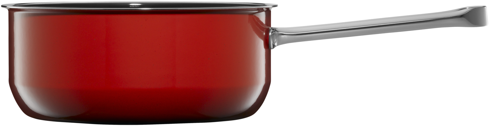 Ein roter Kochtopf mit einem langen silbernen Griff auf einem weißen Hintergrund.