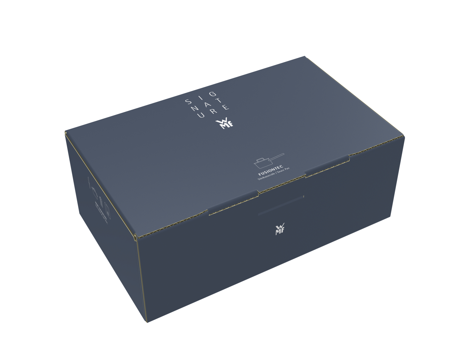 Eine geschlossene dunkelblaue Produktbox mit weißem Markentext und einer Stielkasserolle-Zeichnung auf weißem Hintergrund.