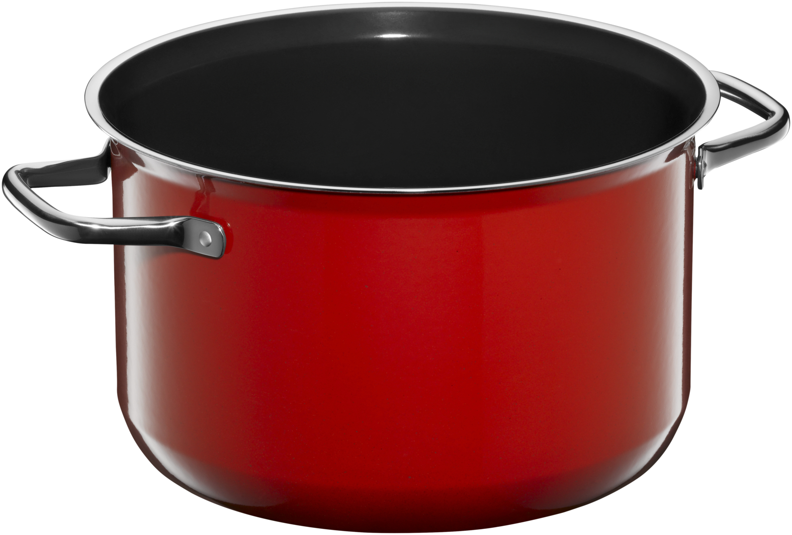 Ein roter Kochtopf mit schwarzem Innenraum und Metallgriffen vor weißem Hintergrund.
