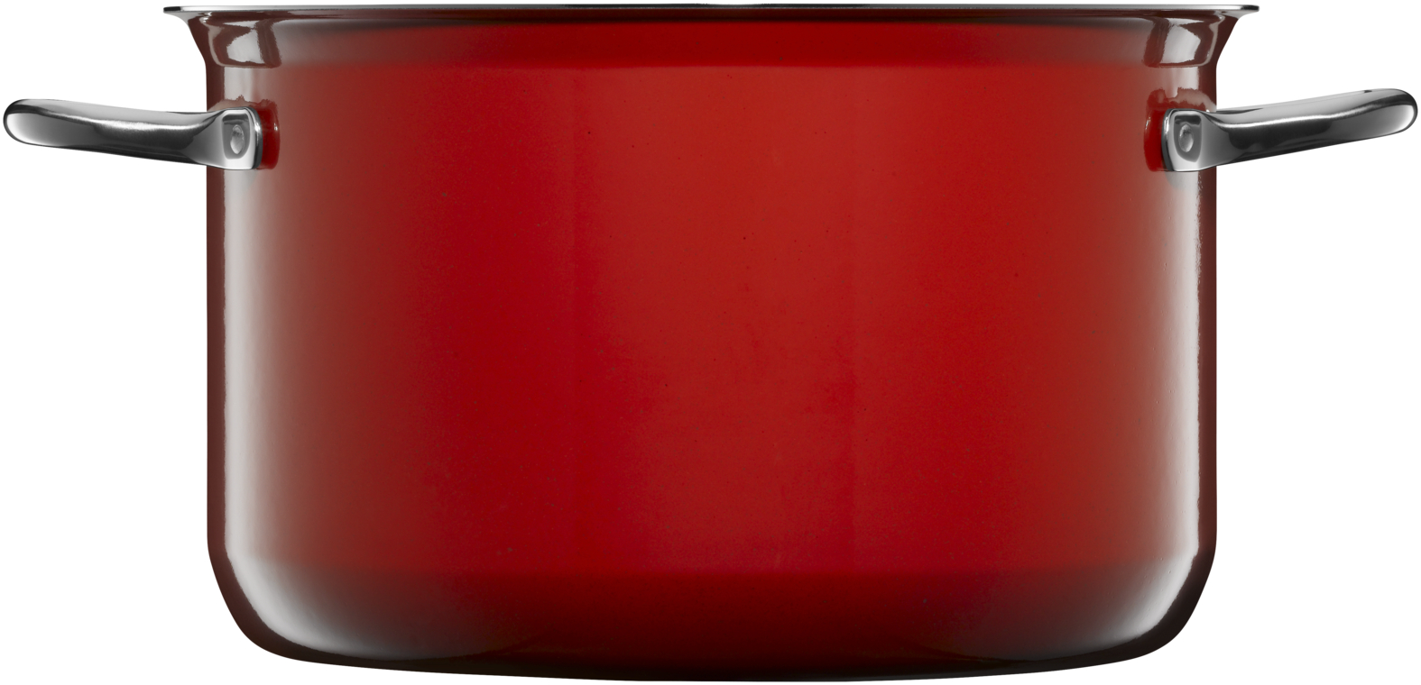 Ein großer roter Kochtopf aus Emailleschimmel mit silbernen Metallgriffen auf weißem Hintergrund.