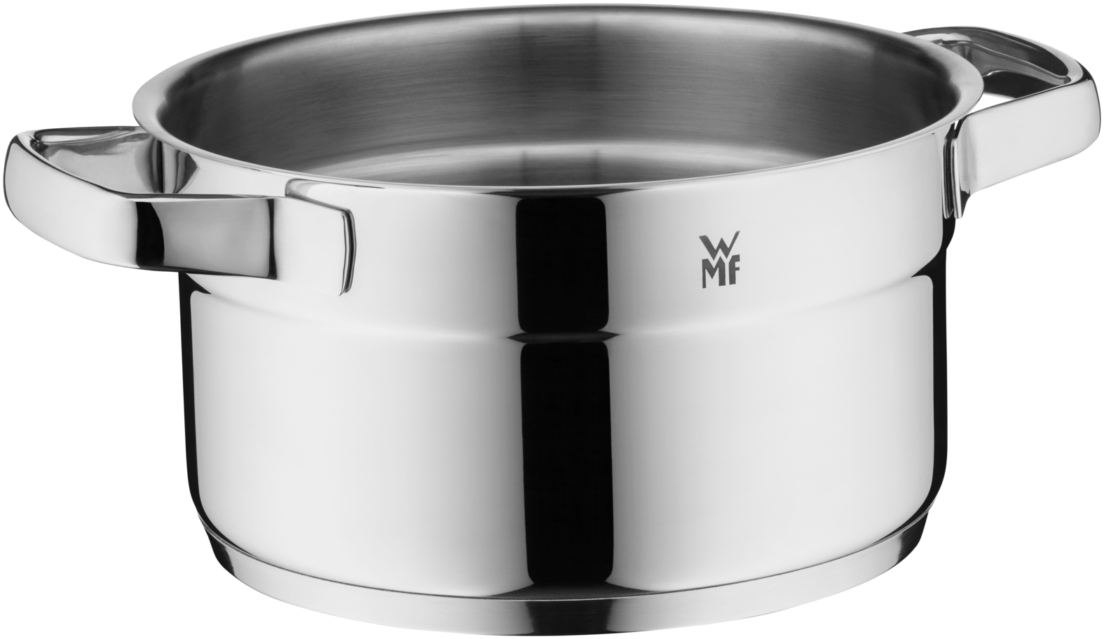Ein glänzender Edelstahltopf mit zwei Griffen und dem WMF-Logo auf der Vorderseite.