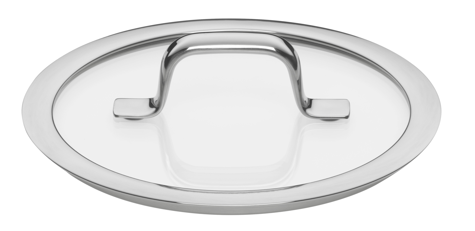 Ein runder Glastopfdeckel mit silbernem Rand und Metallgriff auf weißem Hintergrund.