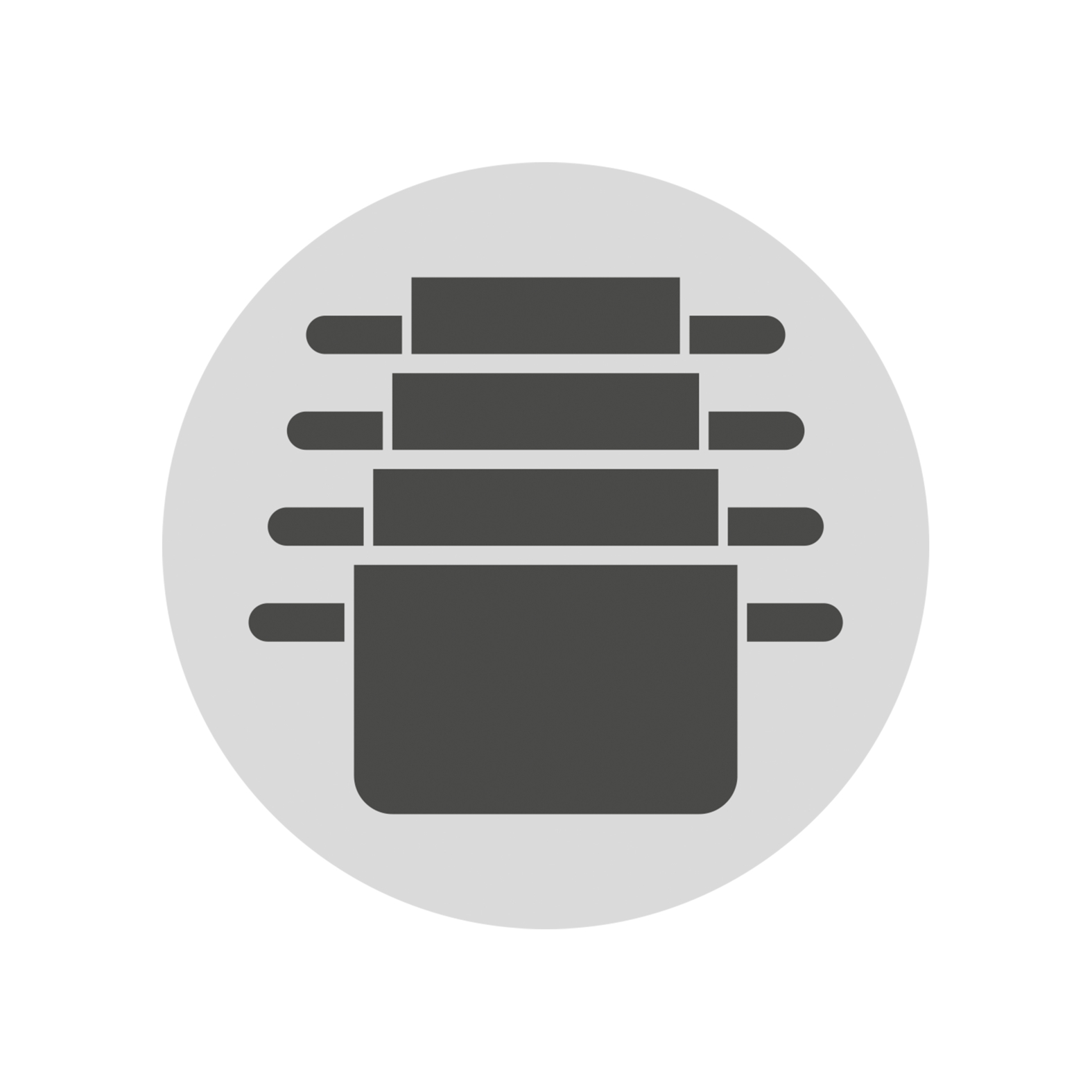 Ein graues Icon zeigt gestapelte rechteckige Behälter mit seitlichen Griffen vor hellem Hintergrund.