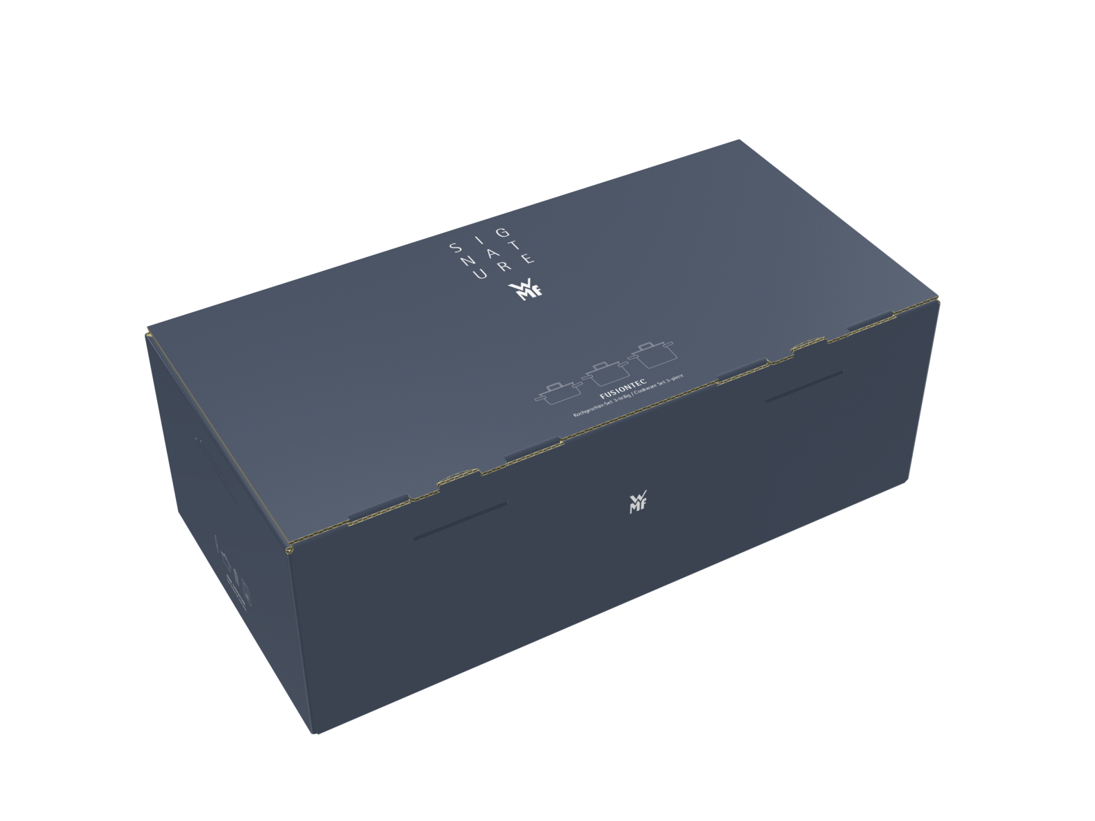 Eine dunkelblaue, rechteckige WMF-Kochgeschirr-Produktbox vor weißem Hintergrund.