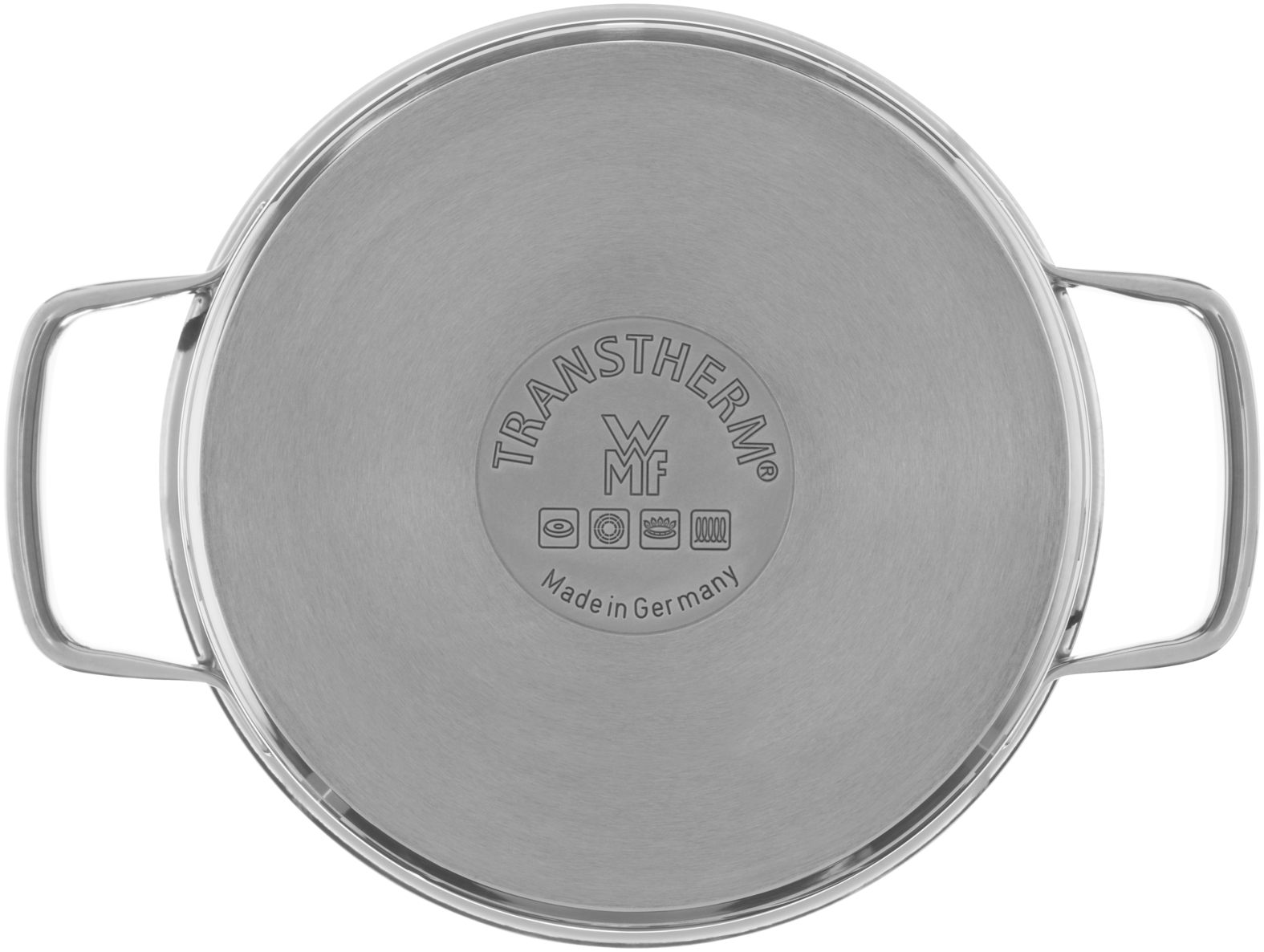 Unterseite eines Edelstahl-Topfes mit zwei Griffen, Markenlogo und dem Schriftzug "Transtherm".