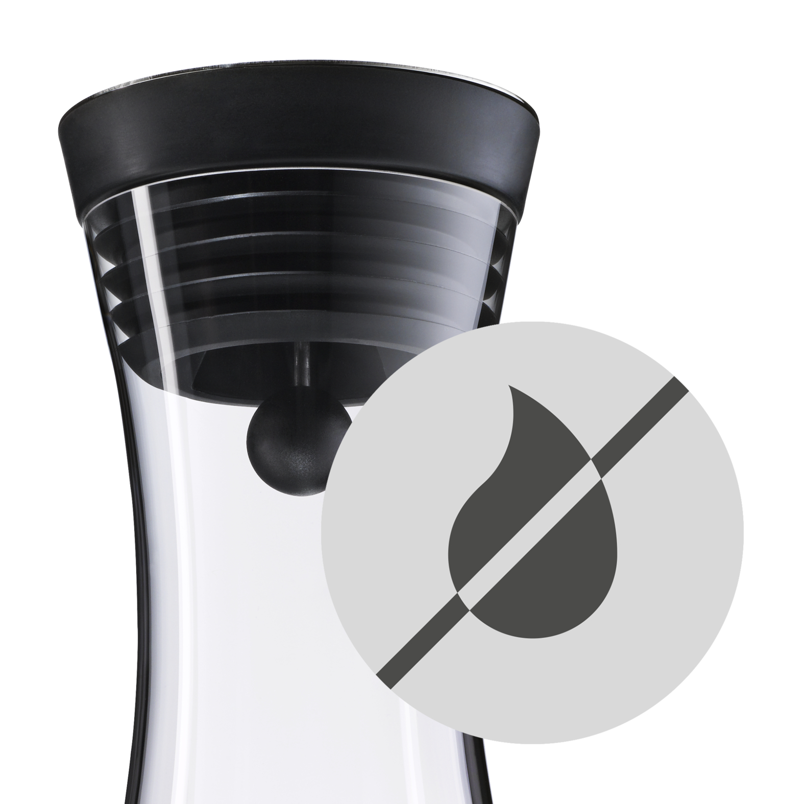 Eine klare Glaskaraffe mit schwarzem Deckel und einem Tropfstopp-Symbol.
