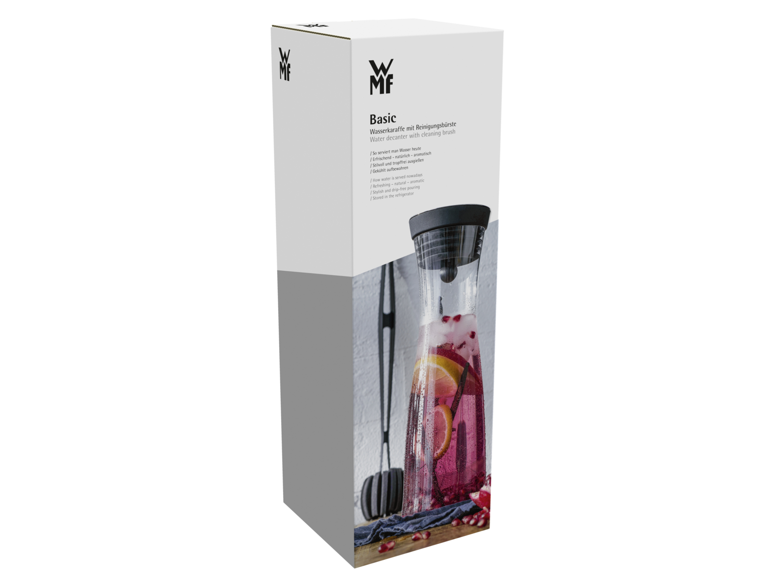 Produktverpackung einer WMF Wasserkaraffe mit integriertem Reinigungspinsel.
