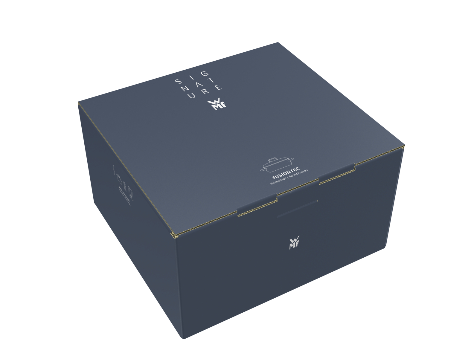 Eine dunkelblaue, rechteckige Produktbox mit weißem Text und Logos, auf einer weißen Fläche angewinkelt.