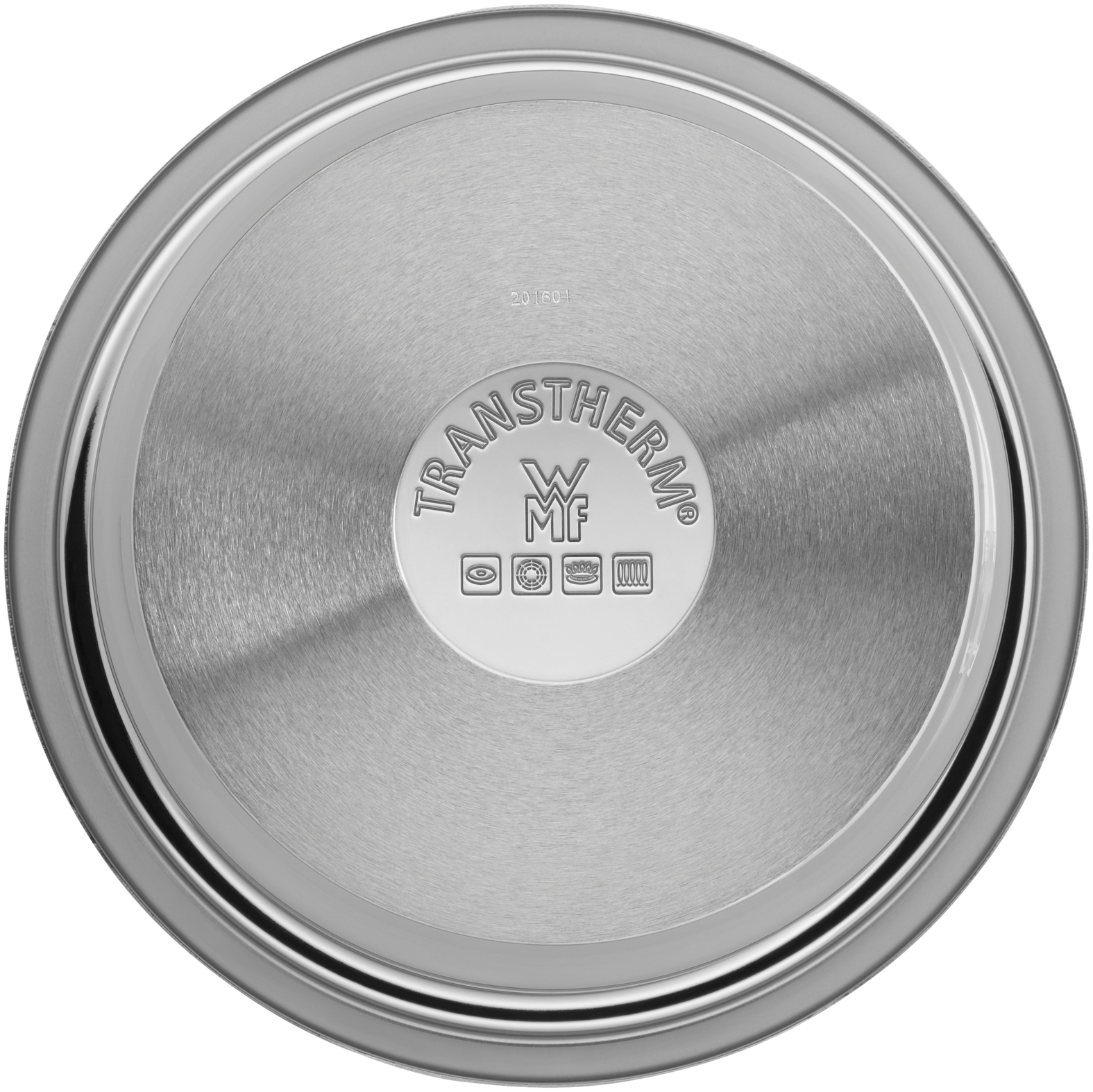 Unterseite eines silbernen WMF TransTherm Topfes mit Markenlogo, Text und Kochsymbolen.