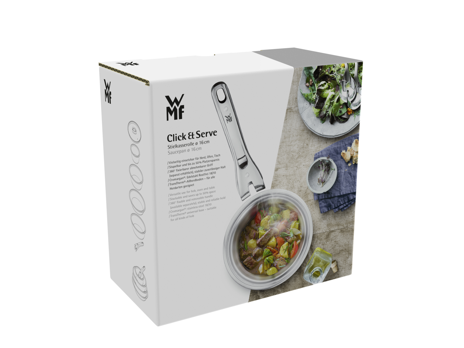 WMF Click & Serve Stielkasserollen-Produktkarton mit Produktbildern, Merkmalen und Branding.
