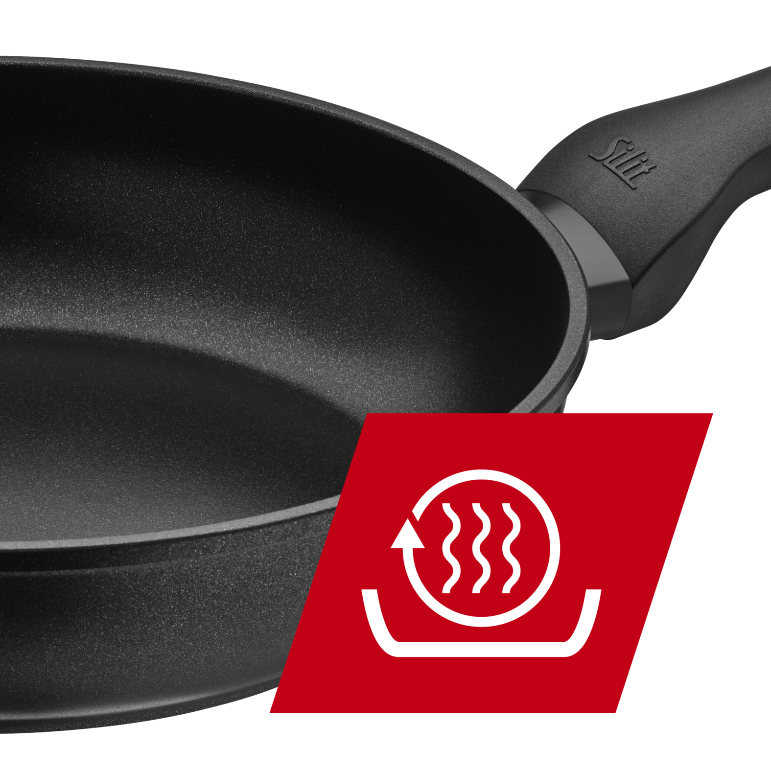 Schwarze Silit Bratpfanne mit Hitze-Symbol auf rotem Grund.