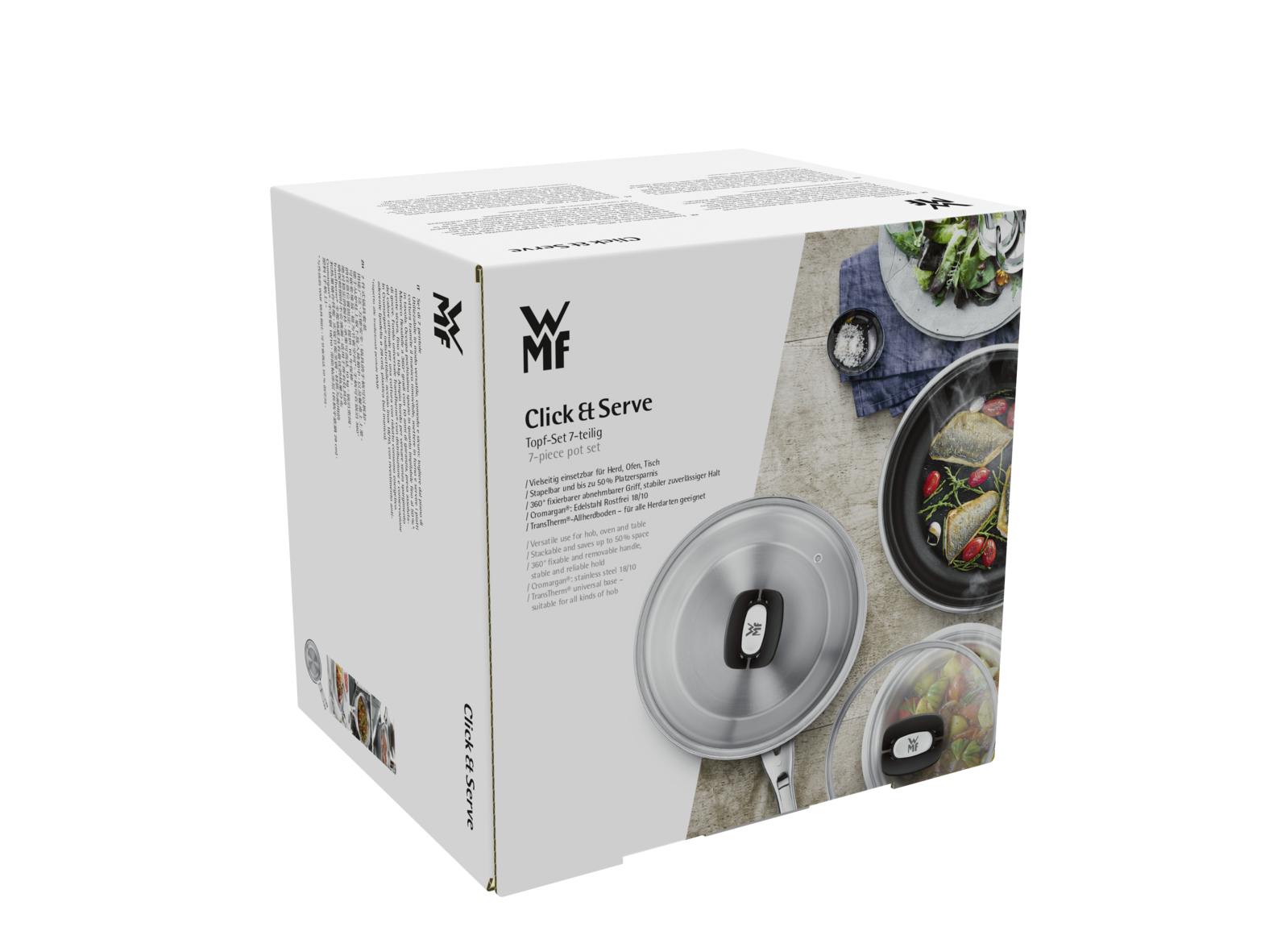Yemek takımı görselleri içeren beyaz WMF Click & Serve 7 parça tencere seti ürün kutusu.
