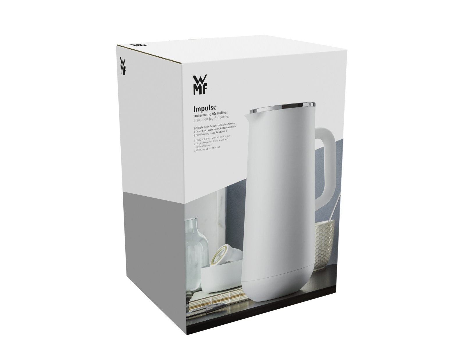 Eine weiße WMF Impulse Isolierkanne auf einer Produktverpackung vor einem dunklen Hintergrund.