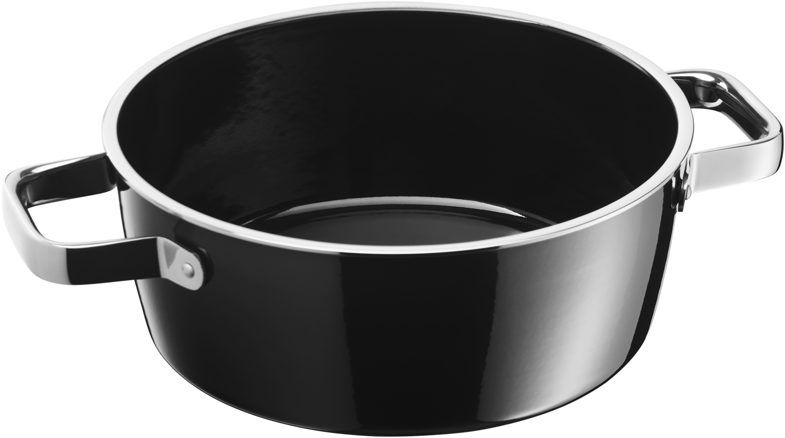 Glänzender schwarzer Kochtopf mit silbernem Rand und zwei Metallgriffen.