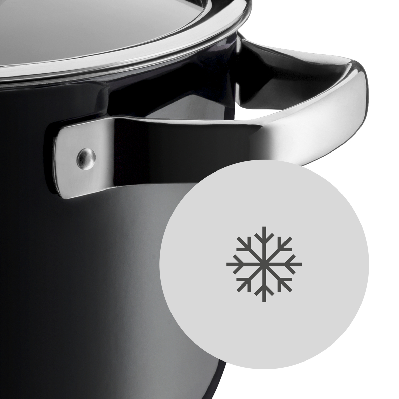 Glänzender schwarzer Topf mit Edelstahlgriff und einem runden Symbol mit Schneeflocke.