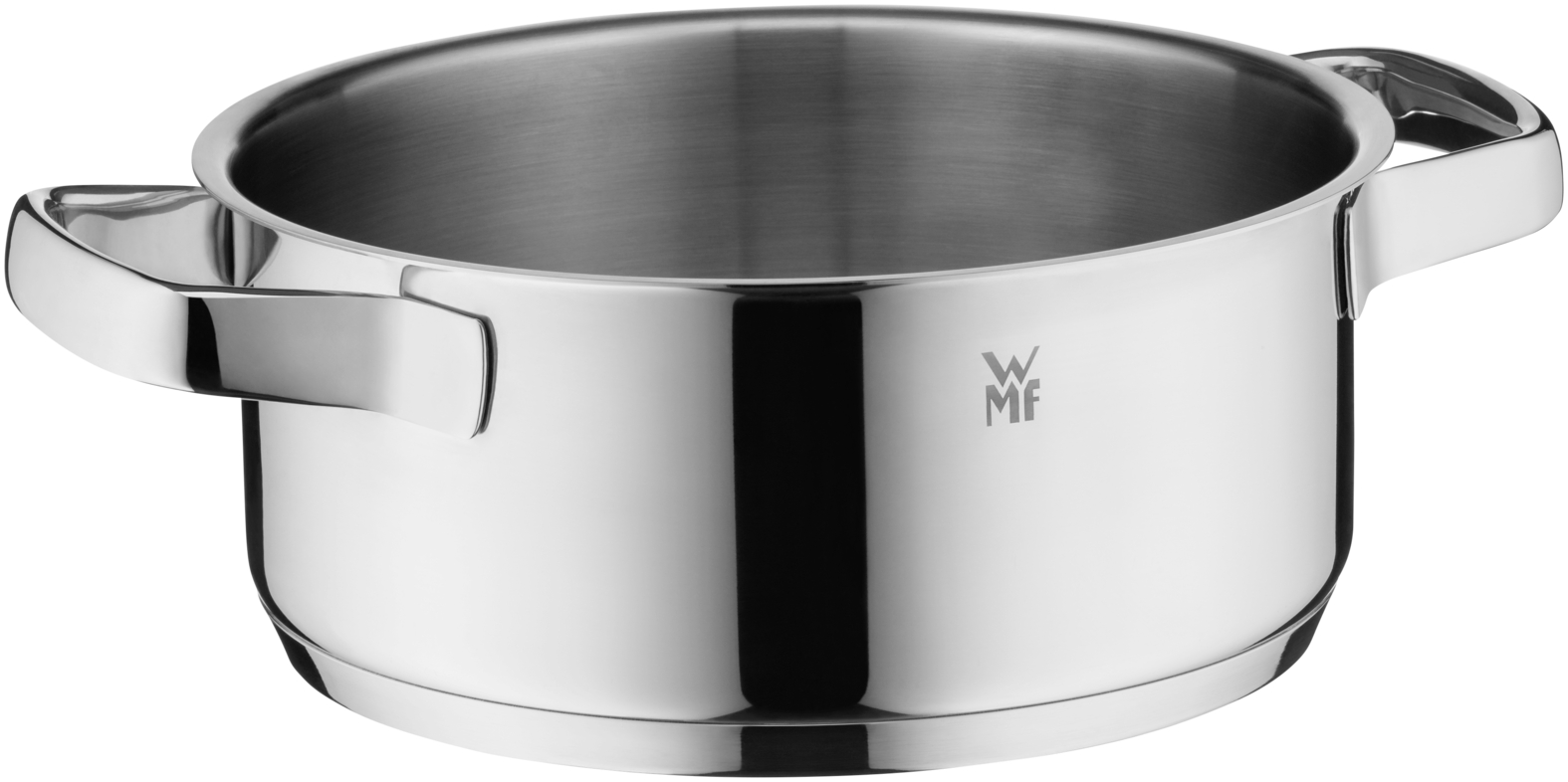 Ein glänzender Edelstahl-Kochtopf mit zwei Griffen und dem WMF-Logo auf der Seite.