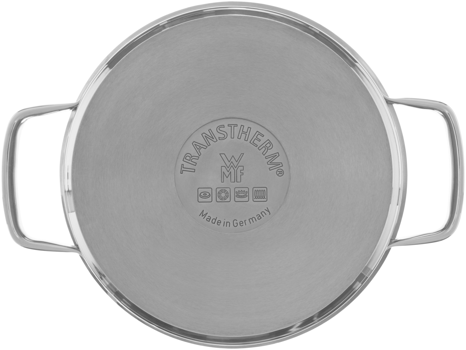 Edelstahltopf von unten, mit Markenlogo Transtherm und Griffen.