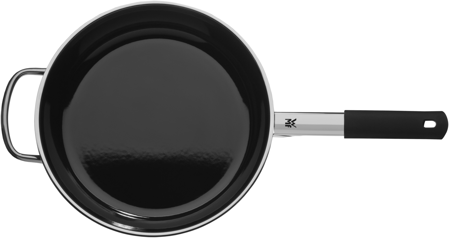 Eine schwarze Bratpfanne mit silbernem Rand, Griff und einem kleinen Henkel auf weißem Hintergrund.