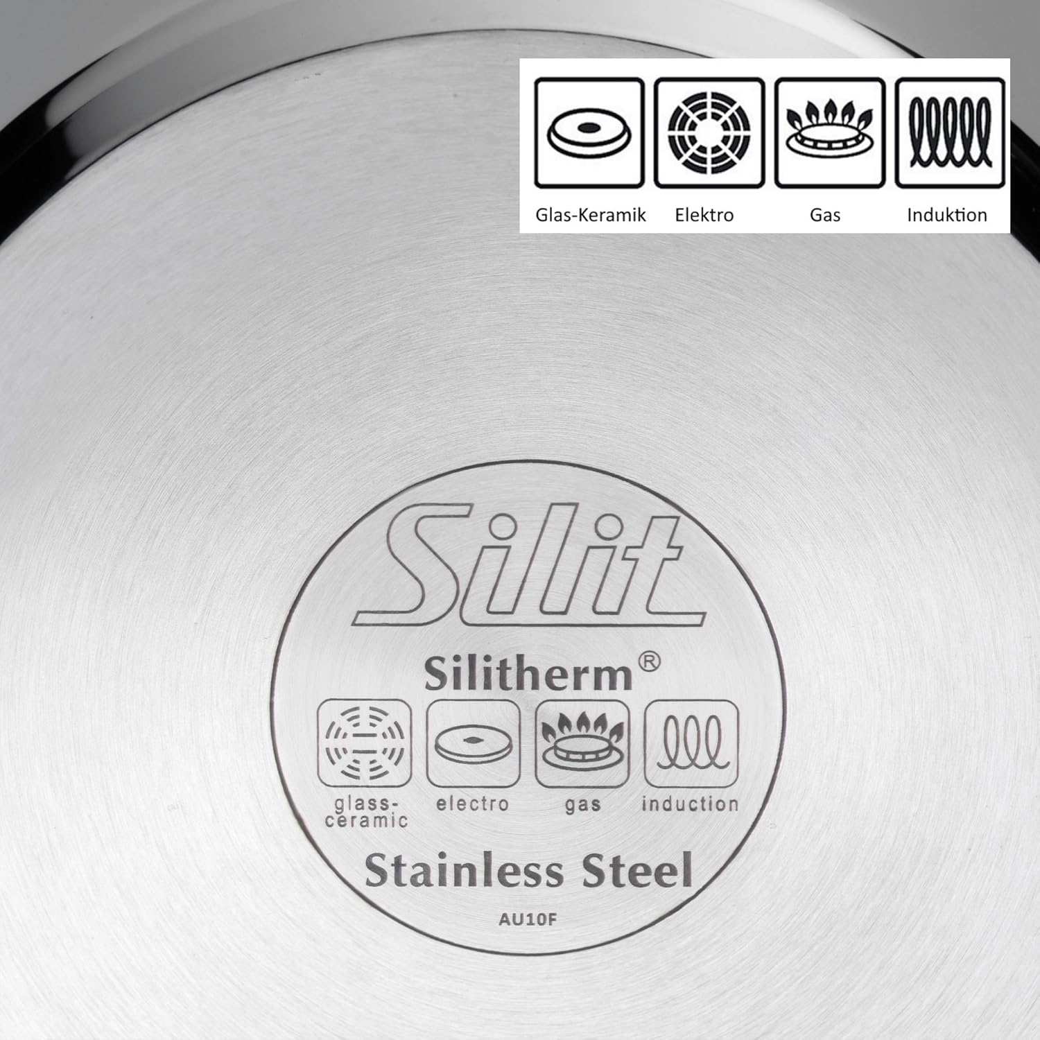 Edelstahlpfannenboden mit Silit-Logo und Herdtyp-Symbolen.