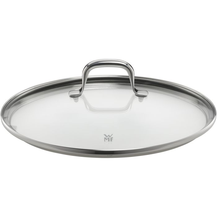 Runder Glasdeckel mit Edelstahlrand und silbernem Griff auf weißem Hintergrund.