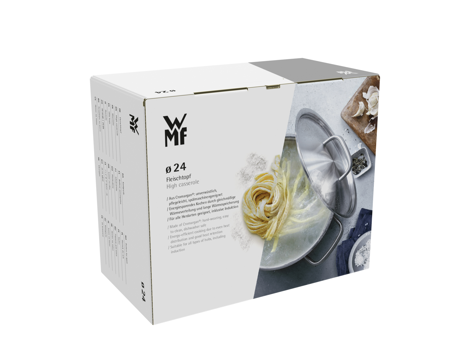 Produktverpackung eines WMF Fleischtopfs mit der Größe 24 cm und kochenden Nudeln auf der Vorderseite.