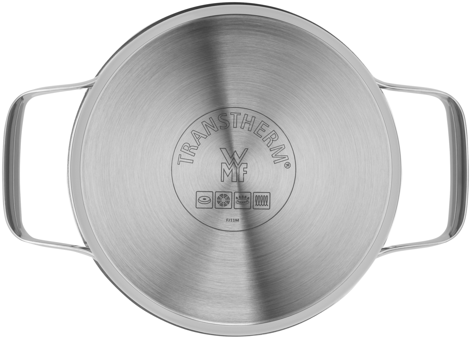 Unterseite eines silbernen Edelstahltopfs mit zwei Griffen und eingraviertem WMF-Transtherm-Logo.