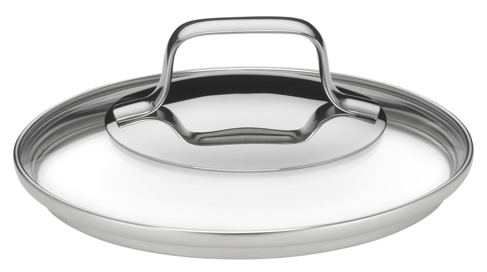 Ein glänzender Edelstahl-Topfdeckel mit einem U-förmigen Griff auf einer weißen Oberfläche.